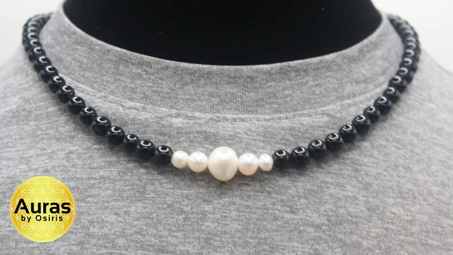 | Handmade Fresh Water Pearl Necklace for Men - Easy Lock Clasp Black Onyx Stones Womens Necklace | Genuine Real Choker Jewelry Gift for Fashion, Womens, Mens, & Teens | 16