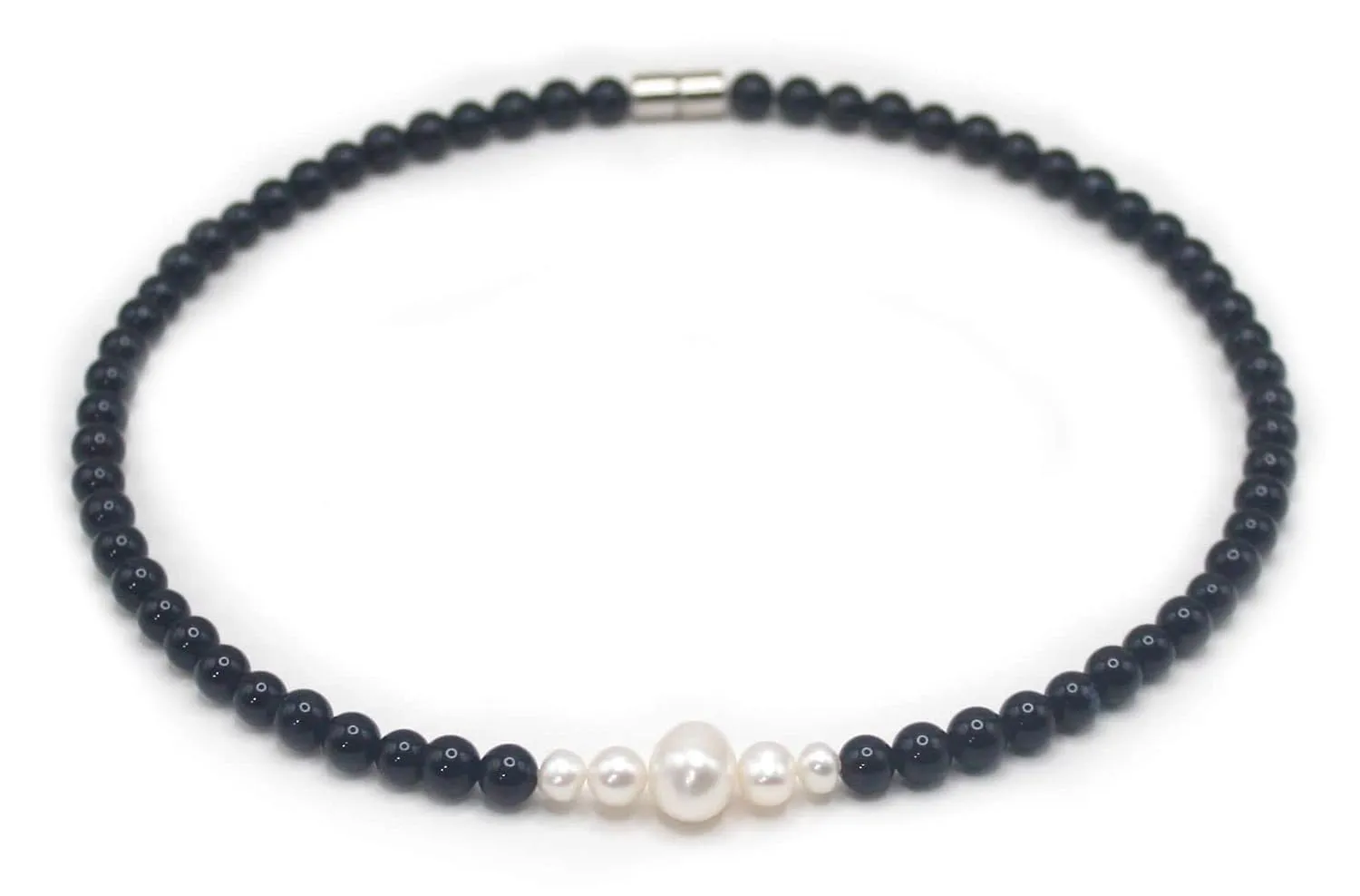 | Handmade Fresh Water Pearl Necklace for Men - Easy Lock Clasp Black Onyx Stones Womens Necklace | Genuine Real Choker Jewelry Gift for Fashion, Womens, Mens, & Teens | 16