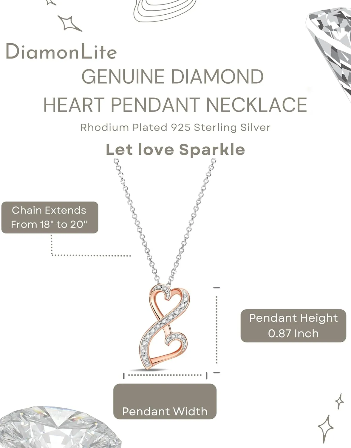 0.1 Ct Diamond Pendant Necklace for Women, 18K Gold Plated 925 Sterling Silver Butterfly, Lotus Flower, Heart or Star Diamond Necklace, April Birthstone Jewelry Gifts, 18" 2" Extender