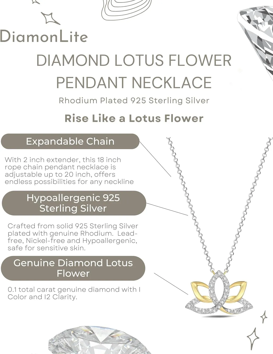 0.1 Ct Diamond Pendant Necklace for Women, 18K Gold Plated 925 Sterling Silver Butterfly, Lotus Flower, Heart or Star Diamond Necklace, April Birthstone Jewelry Gifts, 18" 2" Extender