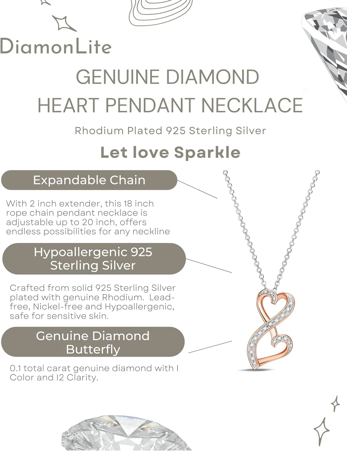 0.1 Ct Diamond Pendant Necklace for Women, 18K Gold Plated 925 Sterling Silver Butterfly, Lotus Flower, Heart or Star Diamond Necklace, April Birthstone Jewelry Gifts, 18" 2" Extender