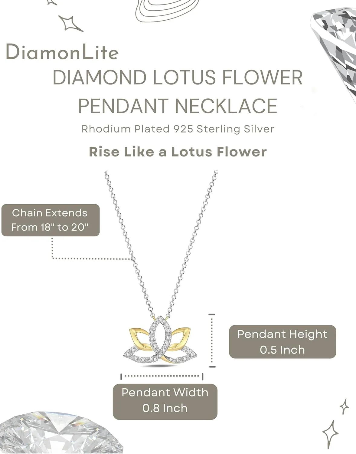 0.1 Ct Diamond Pendant Necklace for Women, 18K Gold Plated 925 Sterling Silver Butterfly, Lotus Flower, Heart or Star Diamond Necklace, April Birthstone Jewelry Gifts, 18" 2" Extender