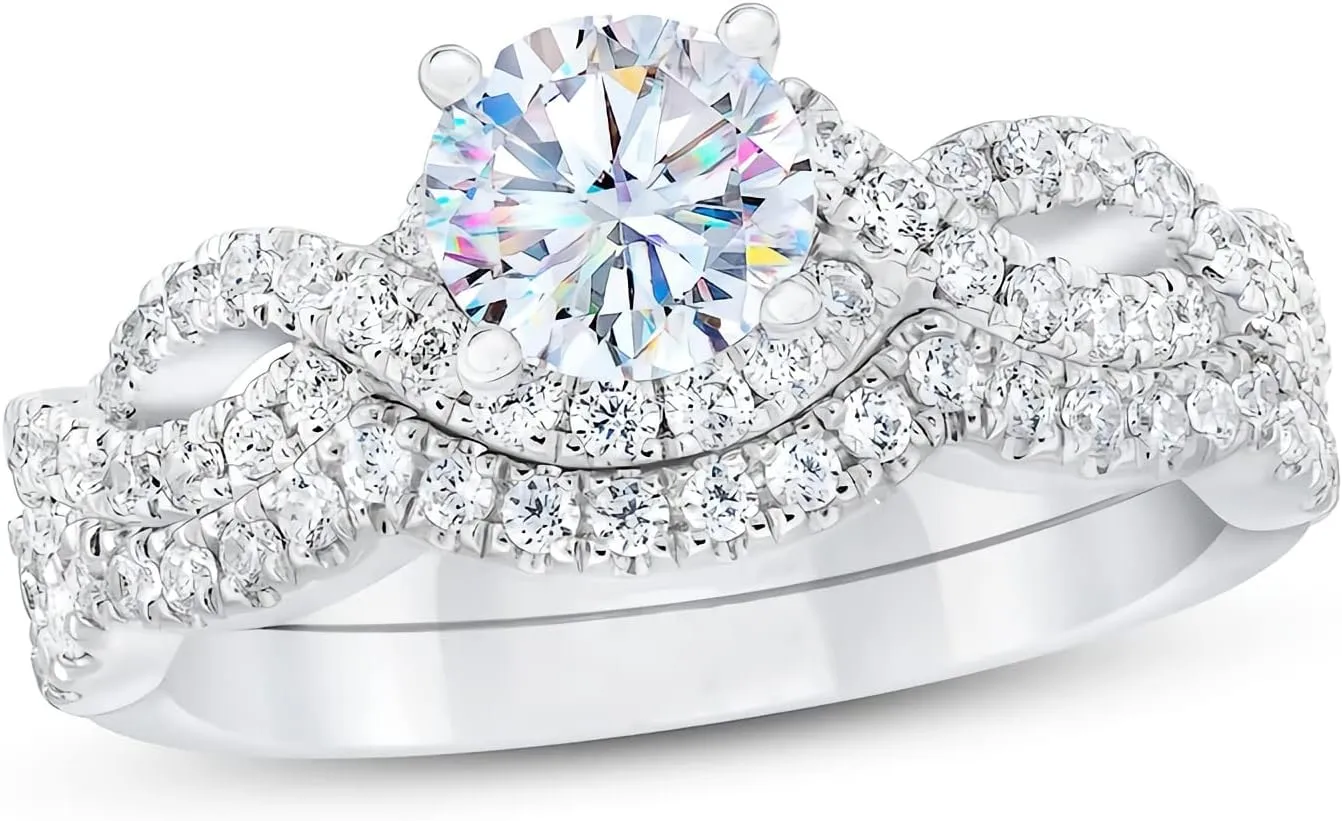 1-1/2 Carat (ctw) Bridal Set Moissanite engagement rings for women Platinum Plated Silver ring Moissanite rings