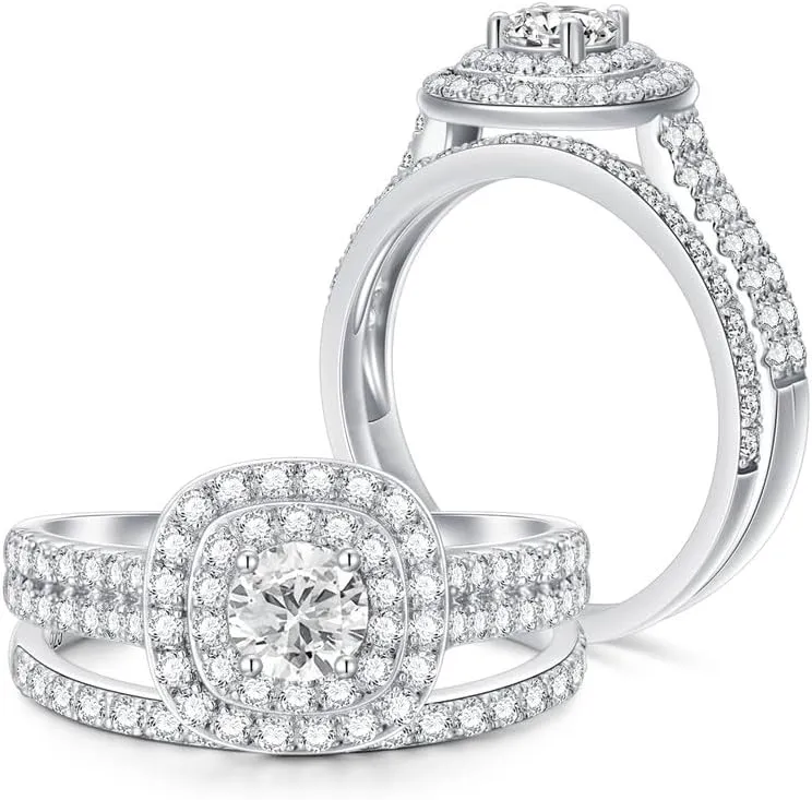 1-1/2 Carat (ctw) Moissanite Engagement Rings for Women Platinum Plated Silver Ring Moissanite Rings Set