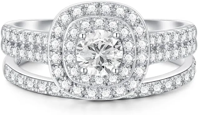1-1/2 Carat (ctw) Moissanite Engagement Rings for Women Platinum Plated Silver Ring Moissanite Rings Set