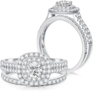 1-1/2 Carat (ctw) Moissanite Engagement Rings for Women Platinum Plated Silver Ring Moissanite Rings Set