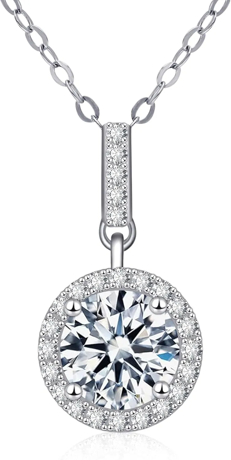 1 CT Moissanite Pendant Necklace for Women, 925 Sterling Silver with 18K White Gold Plated, VVSI Purel D Color, Set with 28 Cubic Zirconia, 17.7" 3.9" Adjustable Chain, Perfect for Birthday, Valentine's, and Christmas Gifts