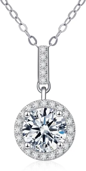 1 CT Moissanite Pendant Necklace for Women, 925 Sterling Silver with 18K White Gold Plated, VVSI Purel D Color, Set with 28 Cubic Zirconia, 17.7" 3.9" Adjustable Chain, Perfect for Birthday, Valentine's, and Christmas Gifts