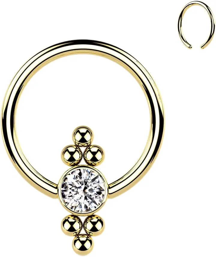 1 Pc CZ Flat Ball W/Clusters On Surgical Steel Captive Bead Ring Nose Septum 18g (1 mm) 5/16" (8mm) Gold/Clear Body Unique Jewelry Delicate Design Piercing Steel Surgical For Women