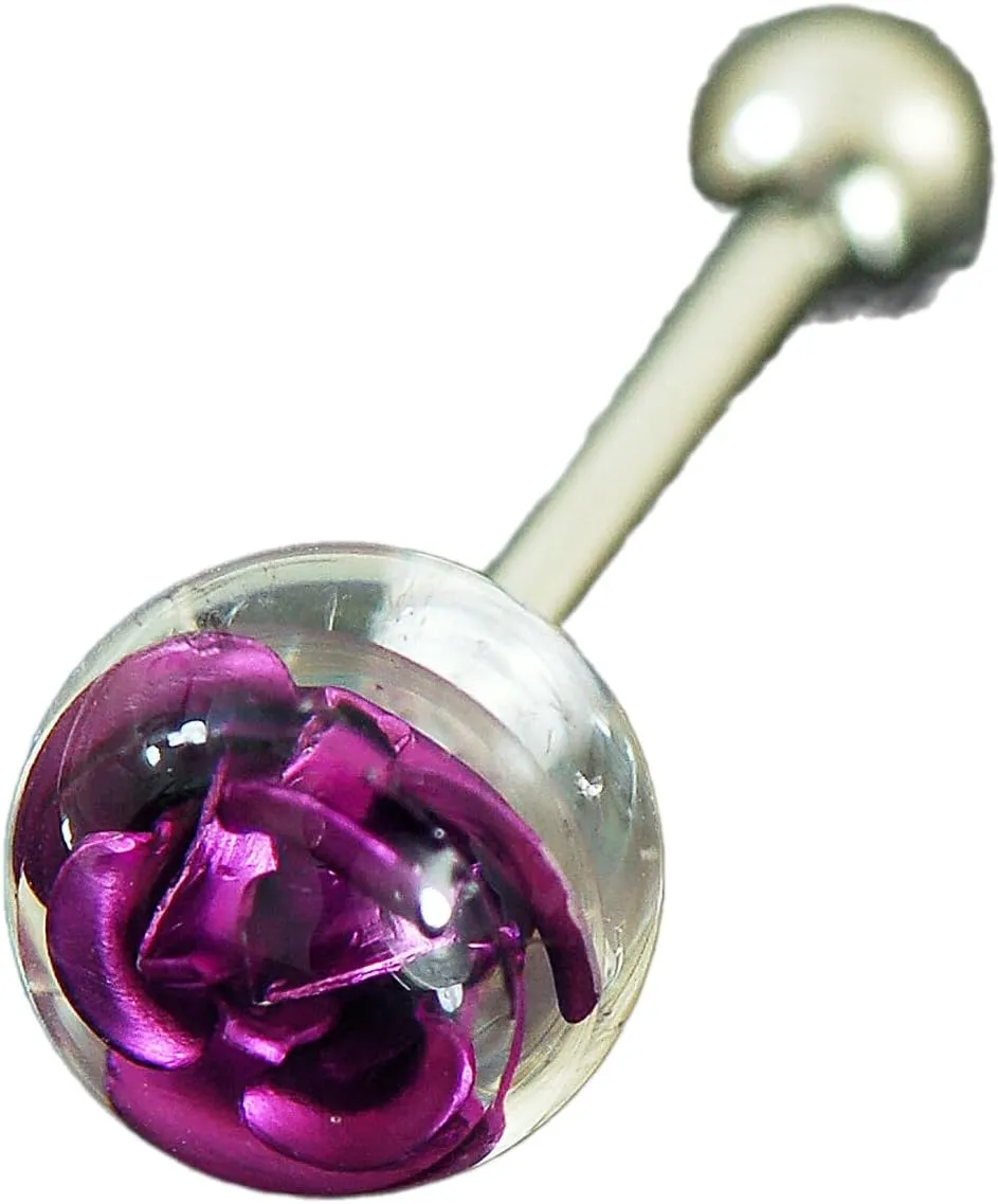 1 Pc Titanium Rose Embedded In Clear Ball Tongue Ring 14g 5/8' 10mm Rose Ball Purple Body Unique Jewelry Delicate Design Piercing Steel Surgical For Women