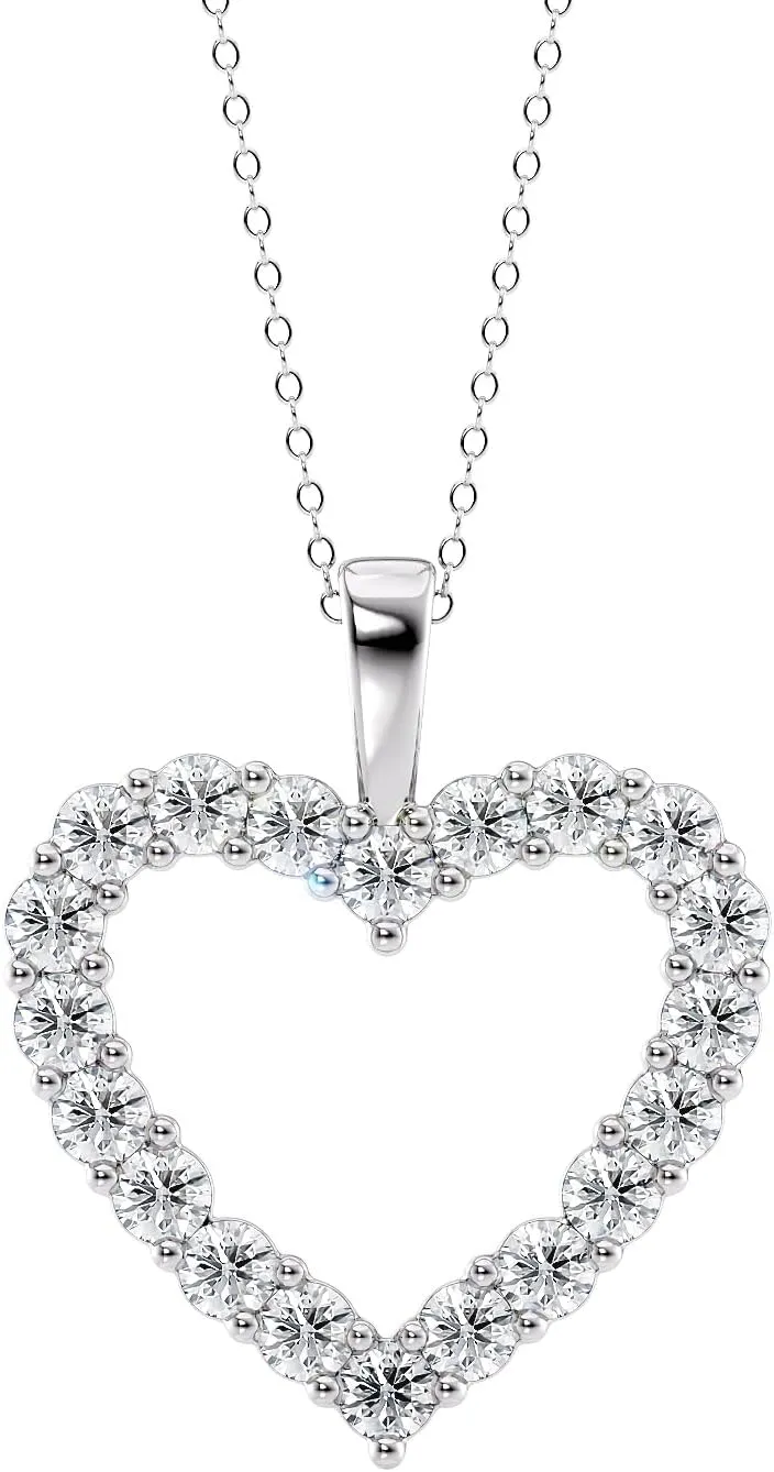 1 to 3 Carat Lab Grown Diamond Classic Heart Pendant Necklace for Women I 14k White Gold Pendant I 16 to 18 Inch Adjustable Silver Chain (E-F, VS1, cttw) I Lobster Claw Clasp