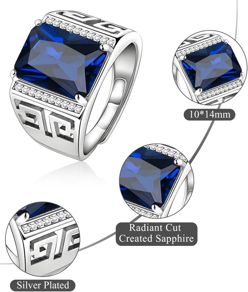10 * 14mm Radiant Cut Created Sapphire Rings for Men 925 Sterling Silver Plated Greek Ring Mens CZ Wedding Engagement Rings with Greek Pattern Mens Adjustable Rings Size 7-12