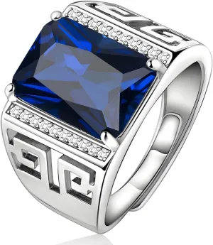 10 * 14mm Radiant Cut Created Sapphire Rings for Men 925 Sterling Silver Plated Greek Ring Mens CZ Wedding Engagement Rings with Greek Pattern Mens Adjustable Rings Size 7-12