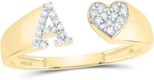 10k Gold and Diamond Women's Initial Heart Ring - Personalized Open Band Design - Letters A-Z
