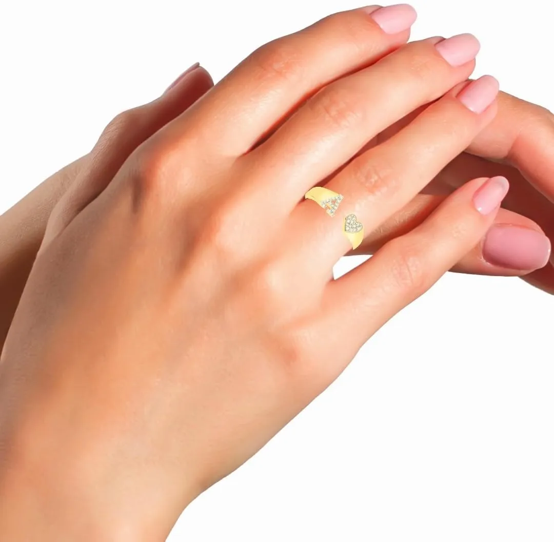 10k Gold and Diamond Women's Initial Heart Ring - Personalized Open Band Design - Letters A-Z