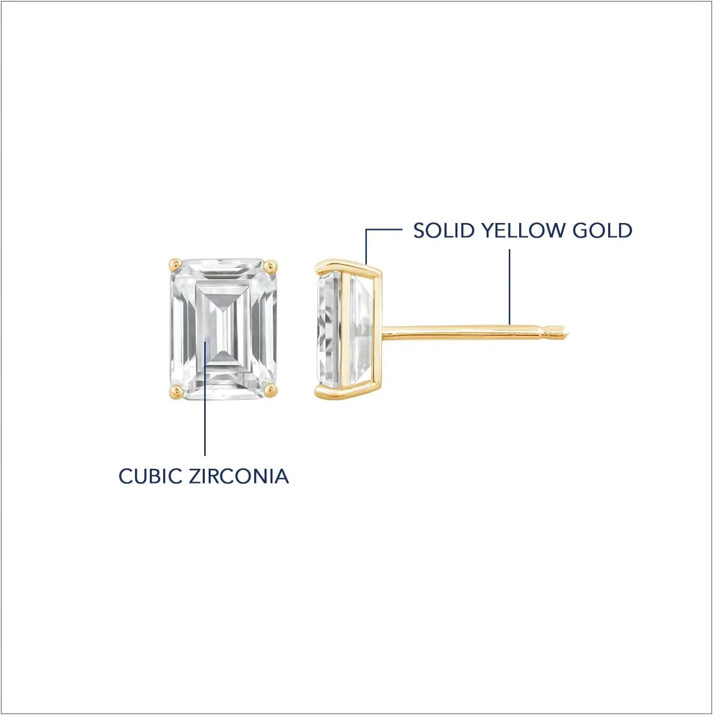 10K or 14K Real Solid Gold Stud Earrings for Women | White or Yellow Gold Emerald Cut Solitaire Studs | 0.5 to 4 Carat Cubic Zirconia CZ Simulated Diamond