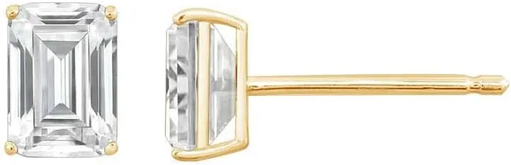 10K or 14K Real Solid Gold Stud Earrings for Women | White or Yellow Gold Emerald Cut Solitaire Studs | 0.5 to 4 Carat Cubic Zirconia CZ Simulated Diamond