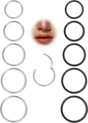 10Pcs 18G 20G Surgical Steel Nose Rings Hoops for Women Men Hinged Seamless Clicker Nose Hoops Cartilage Helix Tragus Daith Sleeper Earrings Hoop Hypoallergenic Nose Piercing 6/7/8/9/10MM