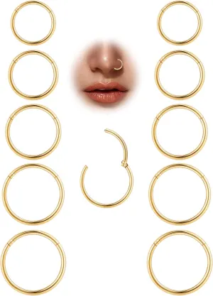 10Pcs 18G 20G Surgical Steel Nose Rings Hoops for Women Men Hinged Seamless Clicker Nose Hoops Cartilage Helix Tragus Daith Sleeper Earrings Hoop Hypoallergenic Nose Piercing 6/7/8/9/10MM