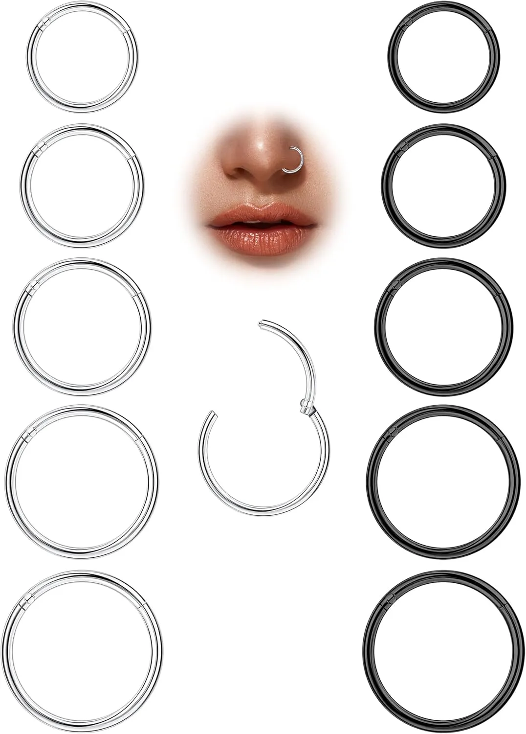 10Pcs 18G 20G Surgical Steel Nose Rings Hoops for Women Men Hinged Seamless Clicker Nose Hoops Cartilage Helix Tragus Daith Sleeper Earrings Hoop Hypoallergenic Nose Piercing 6/7/8/9/10MM