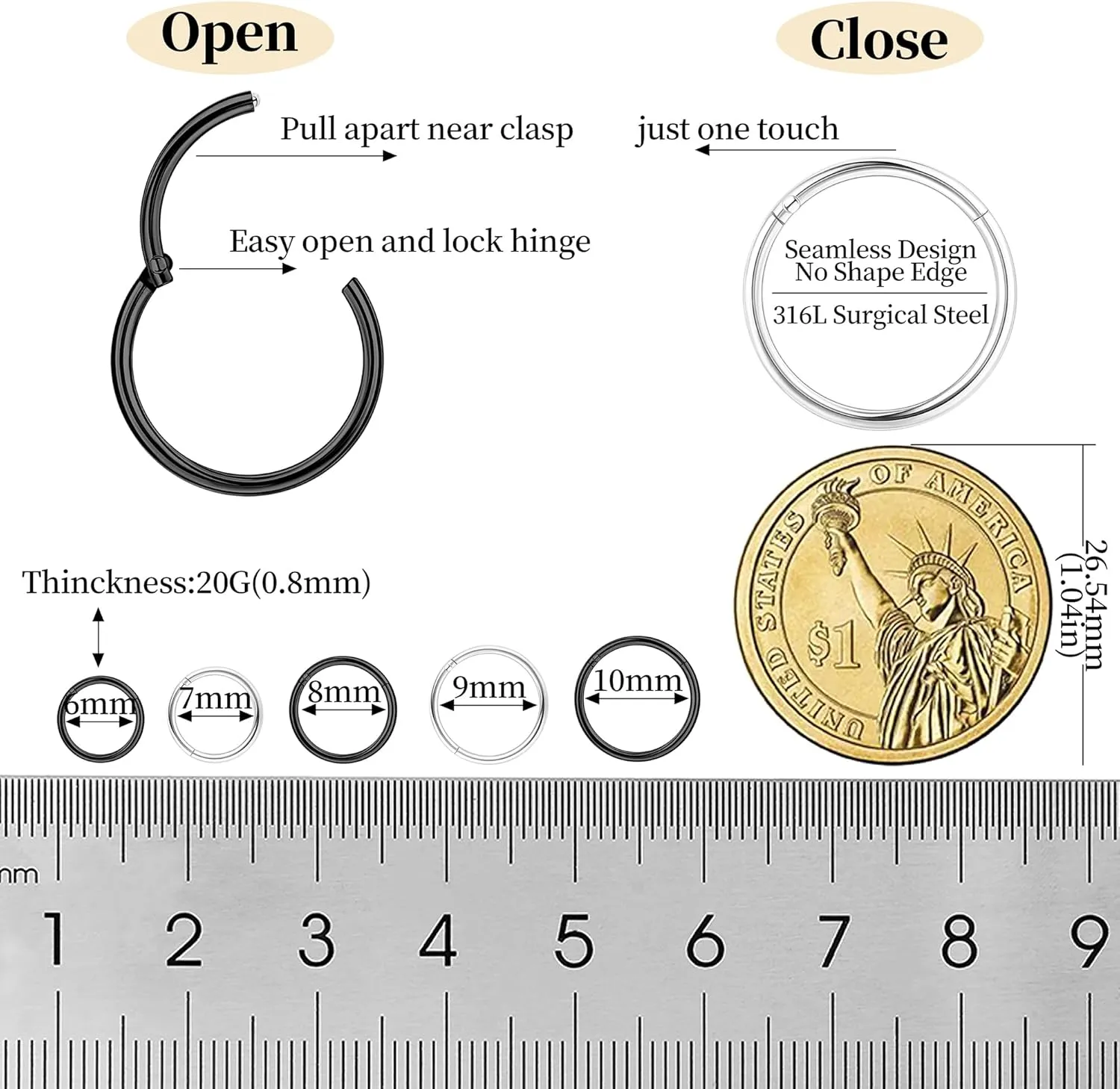 10Pcs 18G 20G Surgical Steel Nose Rings Hoops for Women Men Hinged Seamless Clicker Nose Hoops Cartilage Helix Tragus Daith Sleeper Earrings Hoop Hypoallergenic Nose Piercing 6/7/8/9/10MM