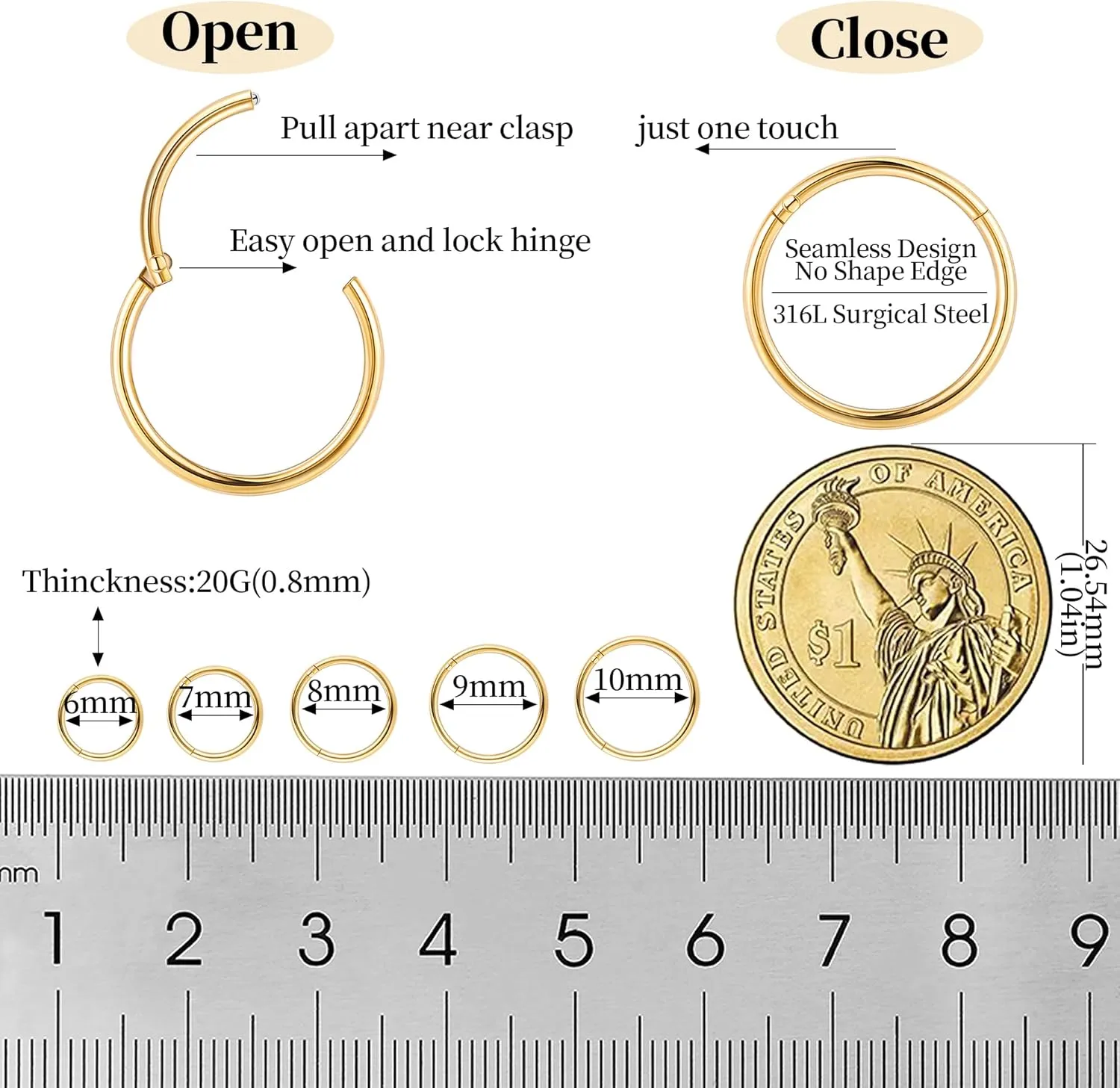 10Pcs 18G 20G Surgical Steel Nose Rings Hoops for Women Men Hinged Seamless Clicker Nose Hoops Cartilage Helix Tragus Daith Sleeper Earrings Hoop Hypoallergenic Nose Piercing 6/7/8/9/10MM