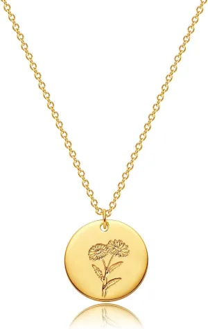 12 Birth Month Flower Pendant Necklace 14K Gold Plated Dainty Simple Month Birth Floral Disc Pendant Engrave Coin Necklace Minimalist Delicate Custom Personalized Jewelry Mom Daughter BFF Gift
