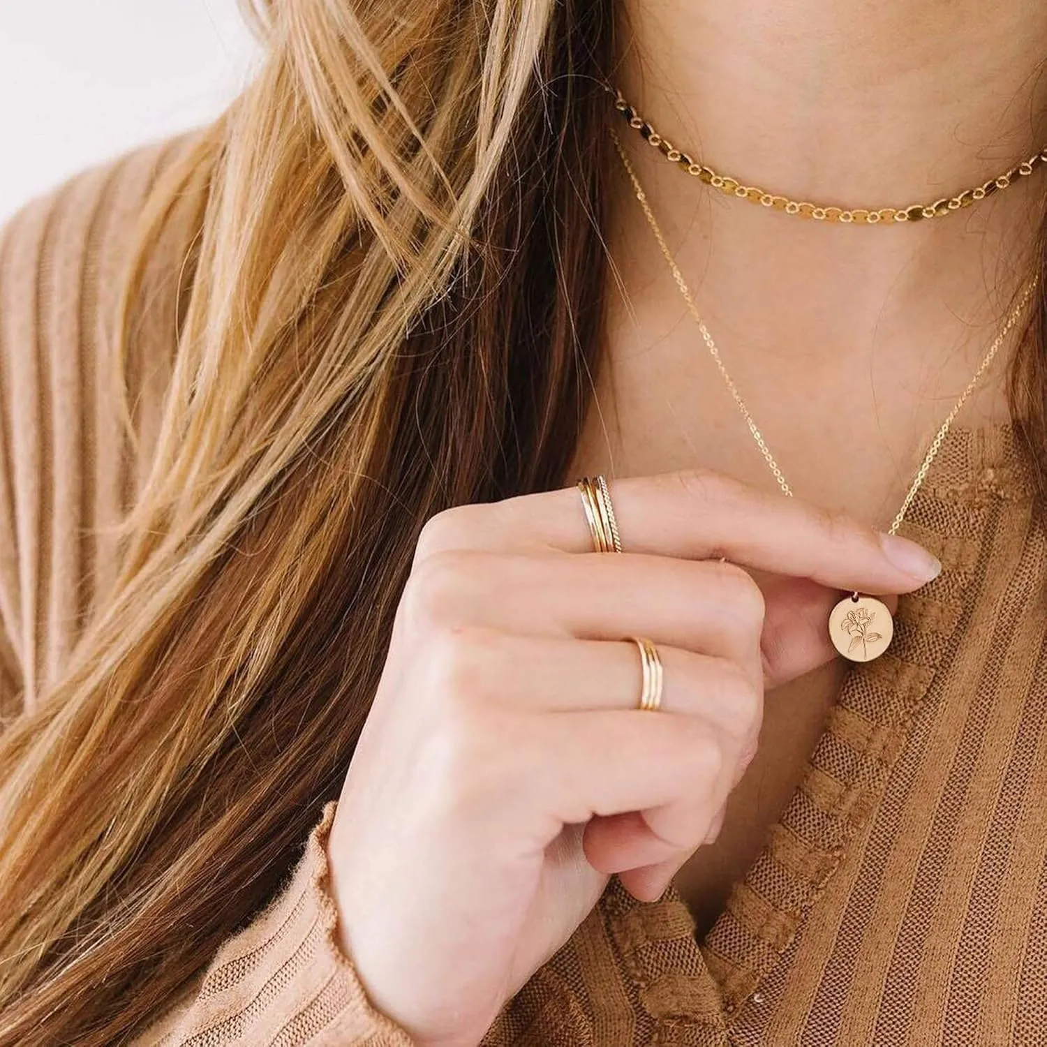12 Birth Month Flower Pendant Necklace 14K Gold Plated Dainty Simple Month Birth Floral Disc Pendant Engrave Coin Necklace Minimalist Delicate Custom Personalized Jewelry Mom Daughter BFF Gift