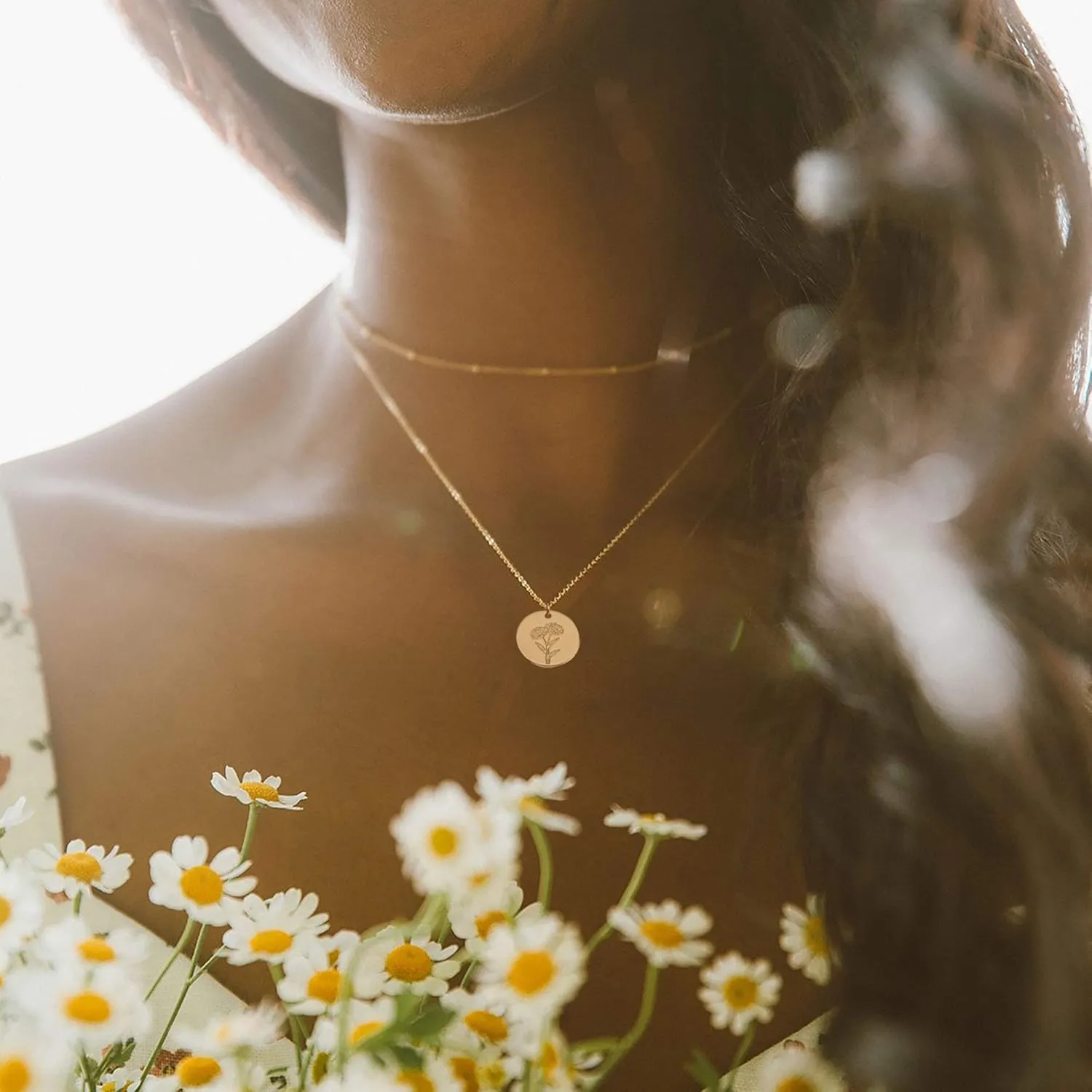 12 Birth Month Flower Pendant Necklace 14K Gold Plated Dainty Simple Month Birth Floral Disc Pendant Engrave Coin Necklace Minimalist Delicate Custom Personalized Jewelry Mom Daughter BFF Gift