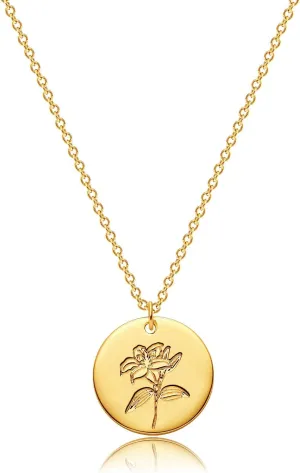 12 Birth Month Flower Pendant Necklace 14K Gold Plated Dainty Simple Month Birth Floral Disc Pendant Engrave Coin Necklace Minimalist Delicate Custom Personalized Jewelry Mom Daughter BFF Gift