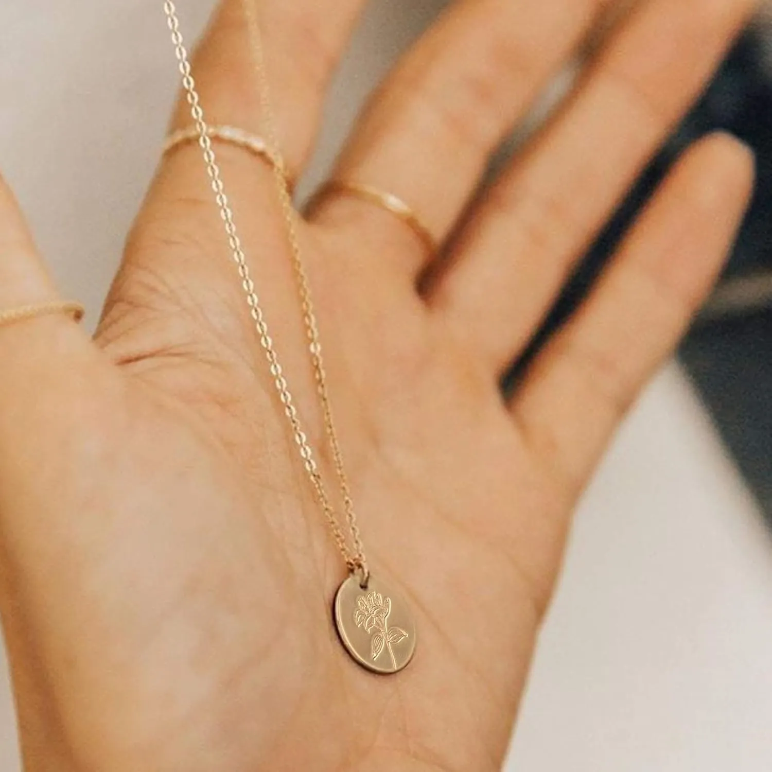 12 Birth Month Flower Pendant Necklace 14K Gold Plated Dainty Simple Month Birth Floral Disc Pendant Engrave Coin Necklace Minimalist Delicate Custom Personalized Jewelry Mom Daughter BFF Gift