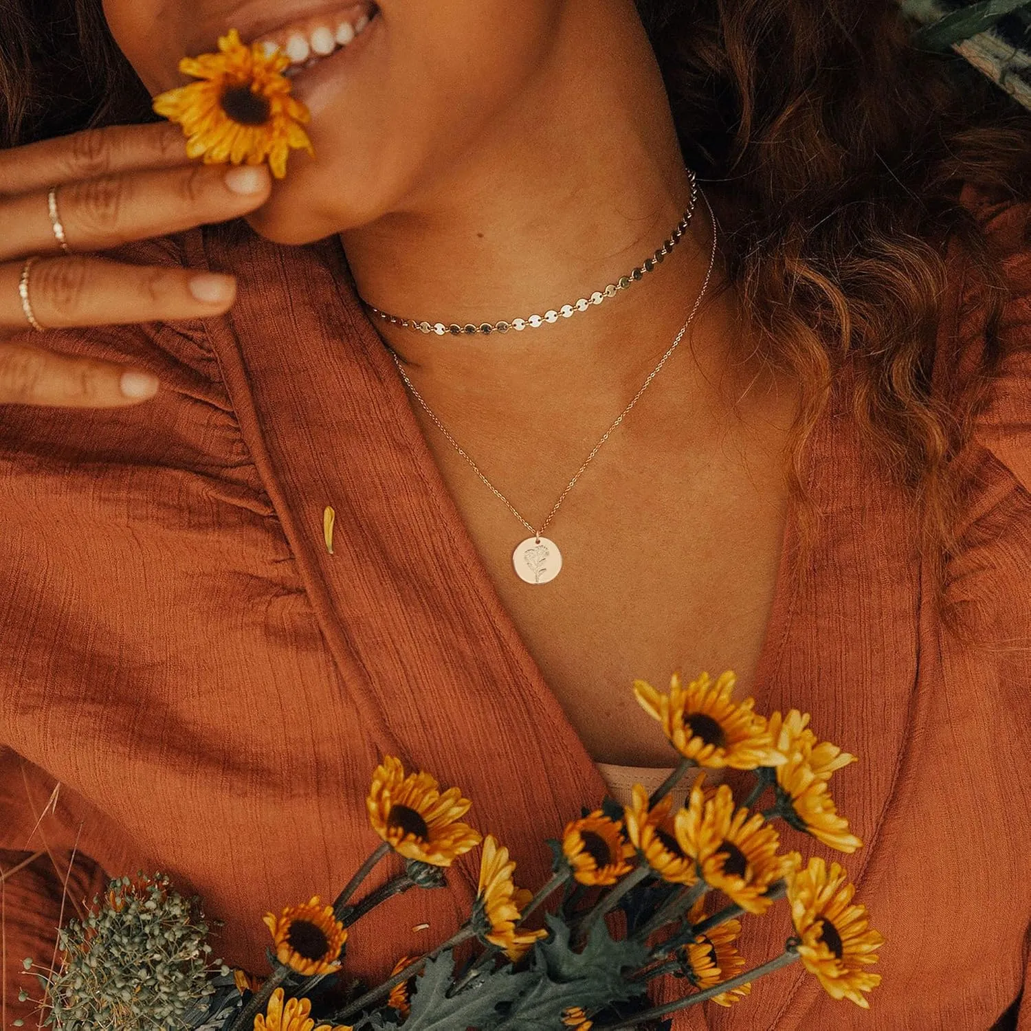 12 Birth Month Flower Pendant Necklace 14K Gold Plated Dainty Simple Month Birth Floral Disc Pendant Engrave Coin Necklace Minimalist Delicate Custom Personalized Jewelry Mom Daughter BFF Gift