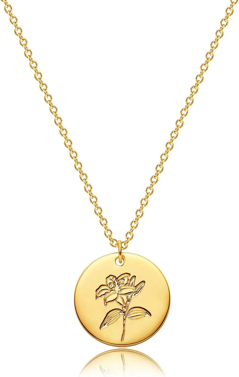 12 Birth Month Flower Pendant Necklace 14K Gold Plated Dainty Simple Month Birth Floral Disc Pendant Engrave Coin Necklace Minimalist Delicate Custom Personalized Jewelry Mom Daughter BFF Gift