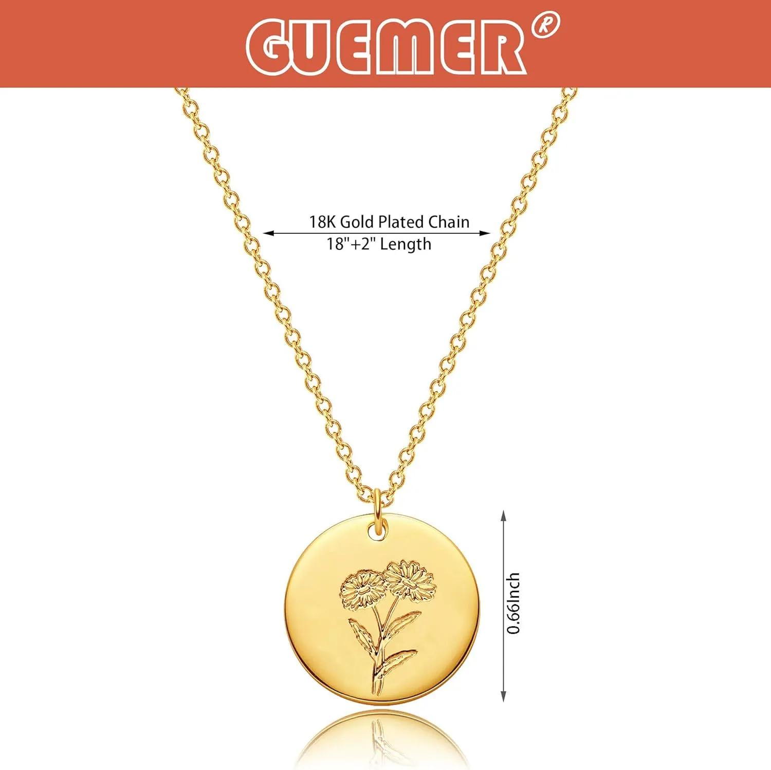 12 Birth Month Flower Pendant Necklace 14K Gold Plated Dainty Simple Month Birth Floral Disc Pendant Engrave Coin Necklace Minimalist Delicate Custom Personalized Jewelry Mom Daughter BFF Gift