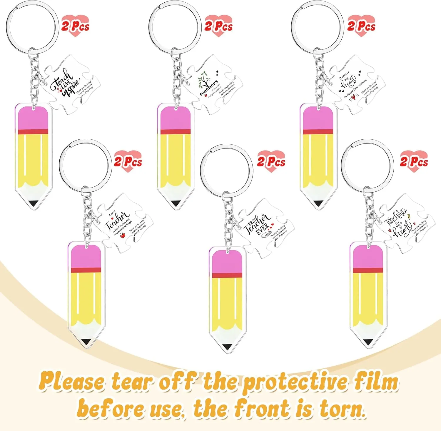 12 Pcs Teacher Appreciation Gifts Acrylic Pencil Shaped Keychains with Puzzle Pencil Charms for Teacher