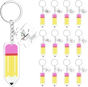 12 Pcs Teacher Appreciation Gifts Acrylic Pencil Shaped Keychains with Puzzle Pencil Charms for Teacher