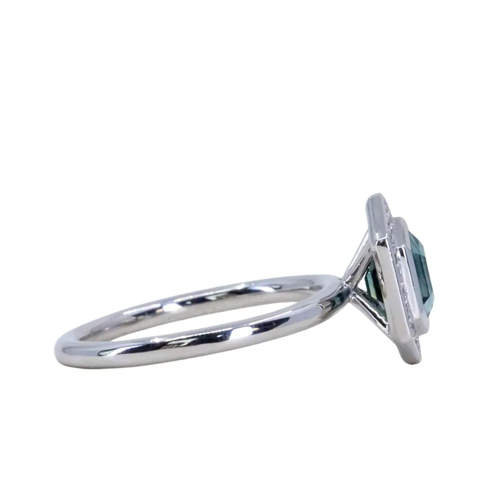 1.30ct Hexagon Montana Sapphire Bezel Set Diamond Halo Ring in Platinum