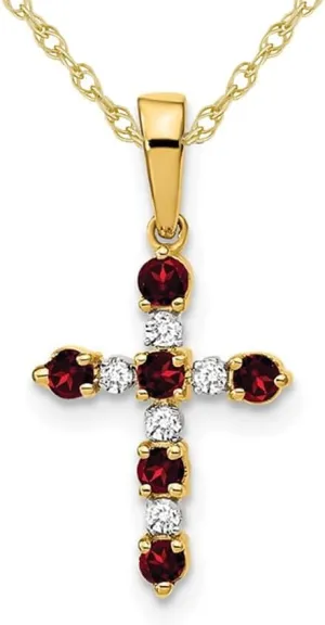 1/4 Carat (ctw) Garnet Cross Pendant Necklace with Accent Diamonds in 14K Yellow Gold with Chain