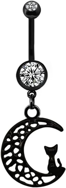 14G Black Stainless Steel Belly Button Rings for Women CZ Moon Heart Ghost Dangle Belly Naval Rings Belly Navel Barbell Belly Piercing Jewelry