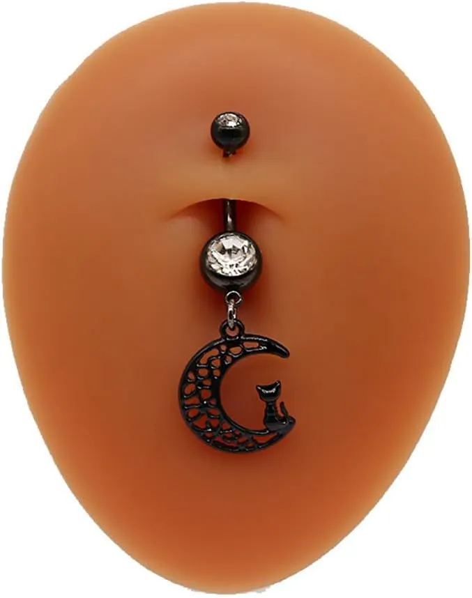 14G Black Stainless Steel Belly Button Rings for Women CZ Moon Heart Ghost Dangle Belly Naval Rings Belly Navel Barbell Belly Piercing Jewelry
