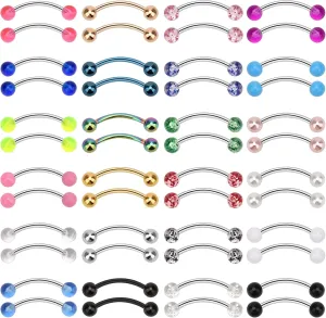 14G Stainless Steel Eyebrow Ring, 48Pcs Curved Barbell Piercing Jewelry Snake Eyes Tongue Rings Nipple Rings Earrings Curved Eyebrow Jewelry for Women Men
