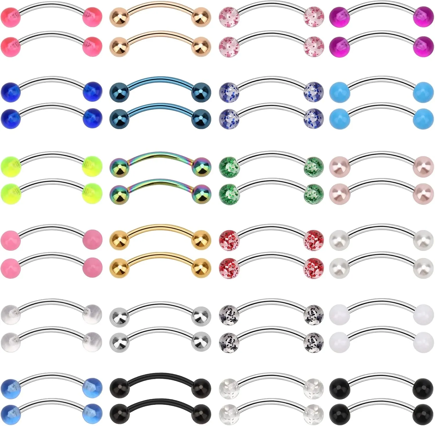 14G Stainless Steel Eyebrow Ring, 48Pcs Curved Barbell Piercing Jewelry Snake Eyes Tongue Rings Nipple Rings Earrings Curved Eyebrow Jewelry for Women Men
