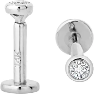 14K Gold Bezel Set 2mm (0.035ct) Diamond Labret Monroe Stud 16G 6mm-8mm-10mm Post Flat Disk Bottom Round Brilliant Cut Diamond Lip Ring Tragus Stud