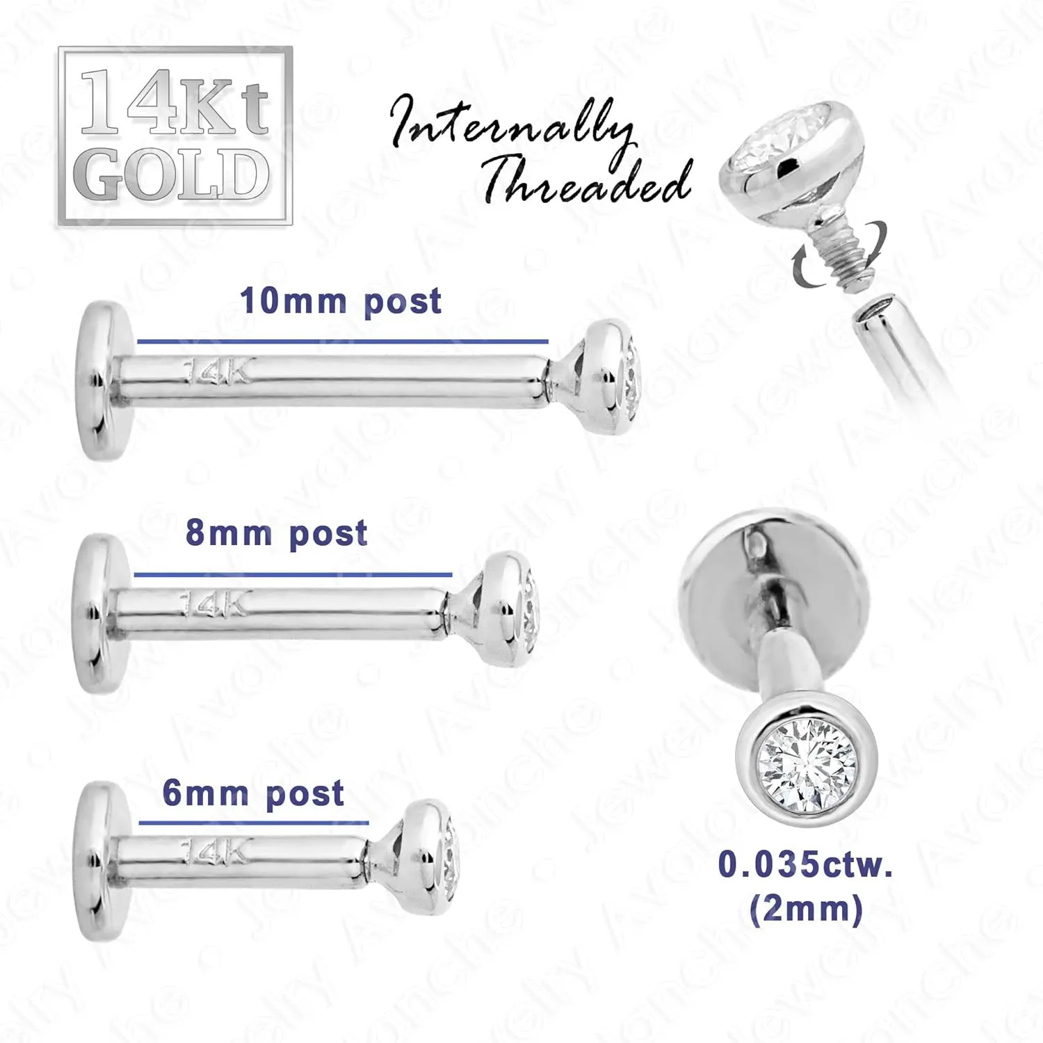 14K Gold Bezel Set 2mm (0.035ct) Diamond Labret Monroe Stud 16G 6mm-8mm-10mm Post Flat Disk Bottom Round Brilliant Cut Diamond Lip Ring Tragus Stud