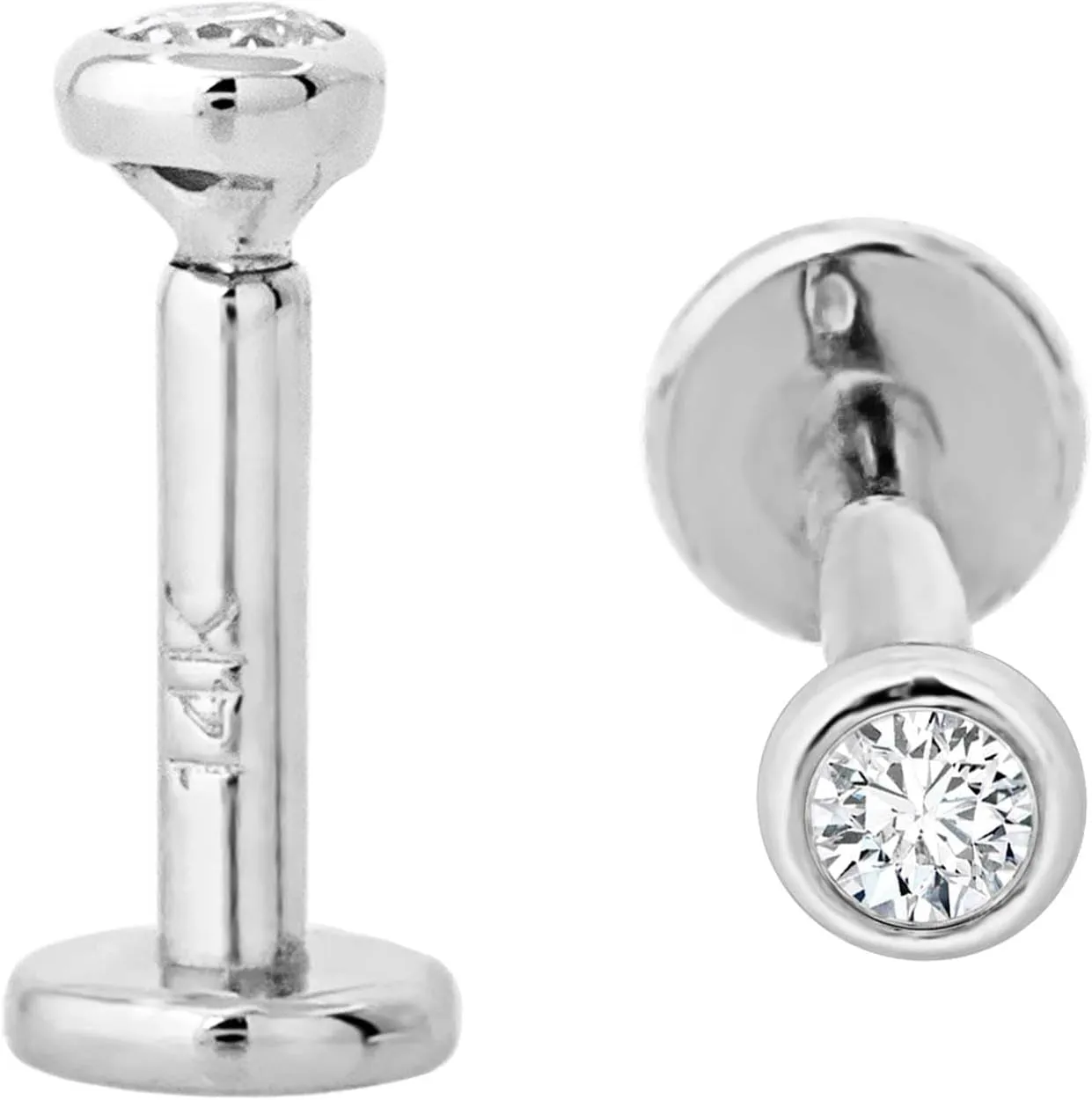 14K Gold Bezel Set 2mm (0.035ct) Diamond Labret Monroe Stud 16G 6mm-8mm-10mm Post Flat Disk Bottom Round Brilliant Cut Diamond Lip Ring Tragus Stud