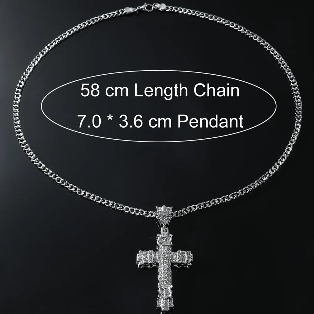 14K Gold Cross Necklace.Jesus Amulet Cross Crystal Pendant Cuban Chain Hip-Hop Jewelry Catholic Christian Gift