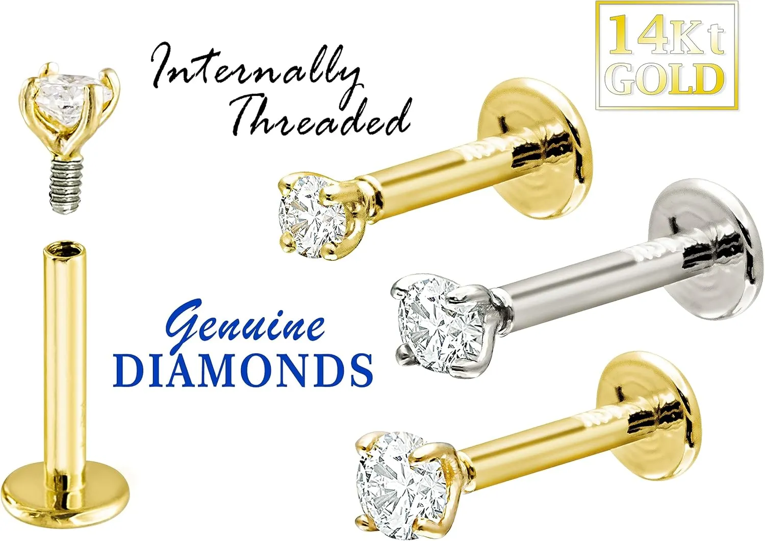 14K Gold Diamond Labret Monroe Stud 16G 6mm-8mm Post Flat Disk Bottom Prong Set 2mm Genuine Round Brilliant Cut Diamond Lip Ring Tragus Stud