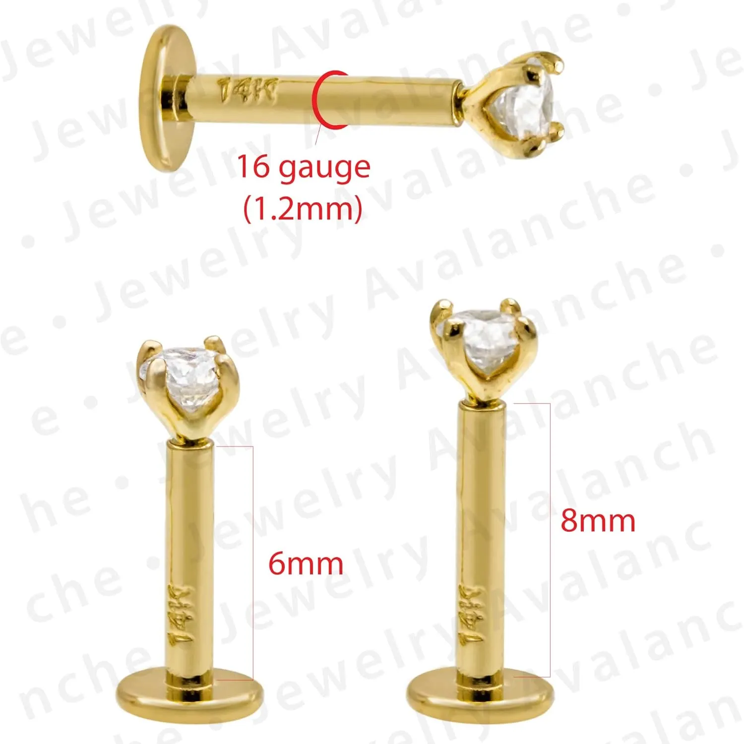 14K Gold Diamond Labret Monroe Stud 16G 6mm-8mm Post Flat Disk Bottom Prong Set 2mm Genuine Round Brilliant Cut Diamond Lip Ring Tragus Stud