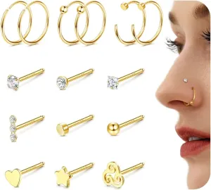 14K Gold Filled Nose Rings 20G Nose Rings Hoops Studs - Straight or L Shaped 316L Stainless Steel Small Nose Studs - CZ Hypoallergenic Nose Piercing Jewelry for Women Men 15Pcs