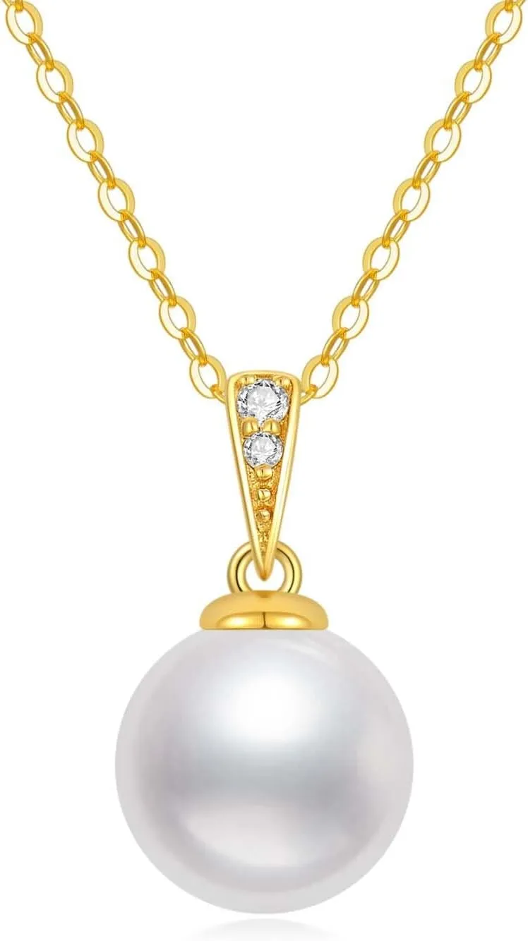 14K Gold Natural Diamond Pearl Necklace for Women,9mm White Freshwater Cultured Pearl Pendant, Single Floating Pearl Diamond Necklace Jewelry Gift for Women 18"